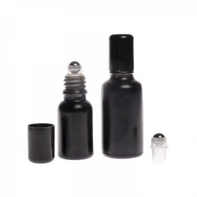 Sklenená fľaška, čierna matná, roll-on, 15 ml