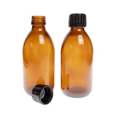 Sklenená fľaška, liekovka, 28 mm, 250 ml, čierny vrchnák