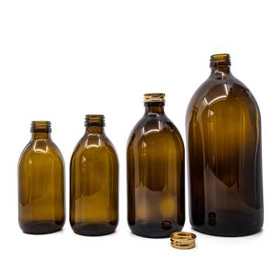 Sklenená fľaška, liekovka, 28 mm, 250 ml, hliníkový vrchnák zlatý