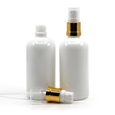 Sklenená fľaška, liekovka, biela, bielo-zlatý rozprašovač, 100 ml