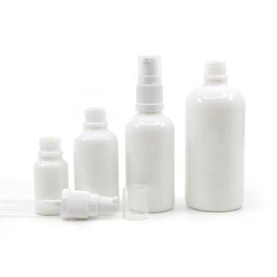 Sklenená fľaška, liekovka, biela, biely dávkovač, 100 ml