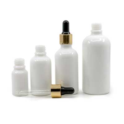 Sklenená fľaška, liekovka, biela, čierno-zlaté kvapátko, 100 ml