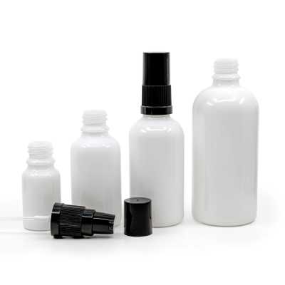 Sklenená fľaška, liekovka biela, čierny dávkovač, čierny vrch, 100 ml