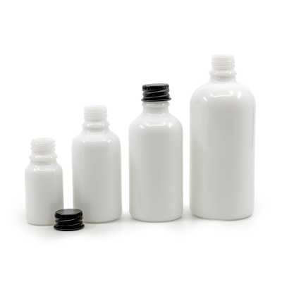Sklenená fľaška, liekovka, biela, čierny hliníkový vrchnák, 100 ml