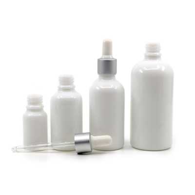 Sklenená fľaška, liekovka, biela, strieborné matné kvapátko, 100 ml