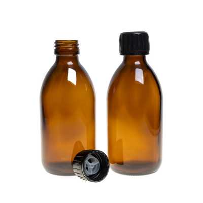 Sklenená fľaška, liekovka, čierny vrchnák s nalievacou vložkou, 250 ml