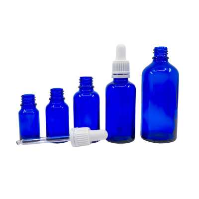Sklenená fľaška, modrá, biele kvapátko 100 ml