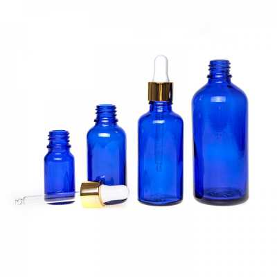 Sklenená fľaška, modrá, bielo-zlaté kvapátko, 15 ml