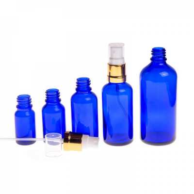 Sklenená fľaška, modrá, bielo-zlatý rozprašovač, 10 ml