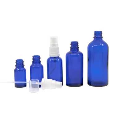 Sklenená fľaška, modrá, biely dávkovač, 10 ml