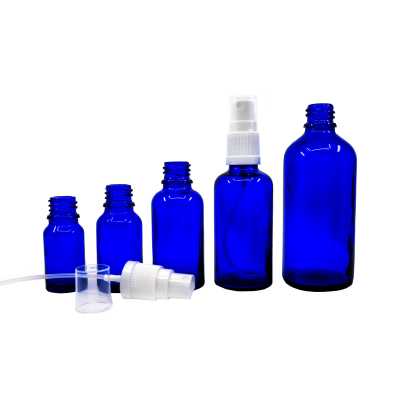 Sklenená fľaška, modrá, biely rozprašovač, 10 ml