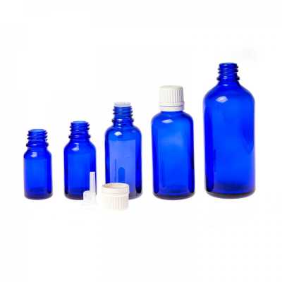 Sklenená fľaška, modrá, biely vrchnák s kvapátkom, 10 ml