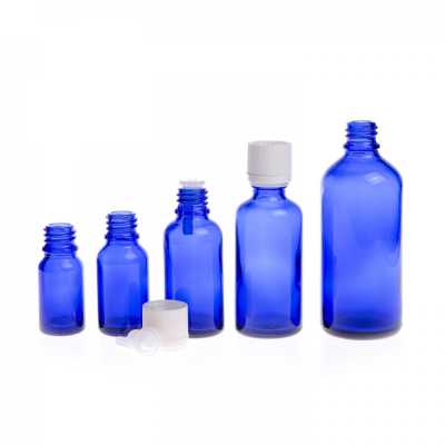 Sklenená fľaška, modrá, biely vrúbkovaný vrchnák s poistkou, 10 ml