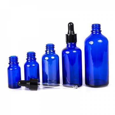 Sklenená fľaška, modrá, čierne lesklé kvapátko, 100 ml