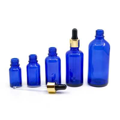 Sklenená fľaška, modrá, čierno-zlaté kvapátko, 15 ml