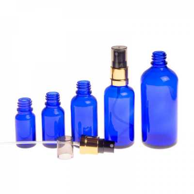 Sklenená fľaška, modrá, čierno-zlatý rozprašovač, 10 ml