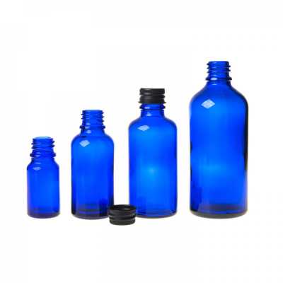Sklenená fľaška, modrá, čierny hliníkový vrchnák, 10 ml