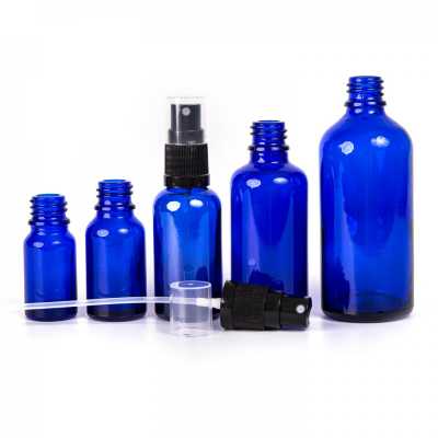 Sklenená fľaška, modrá, čierny rozprašovač, 100 ml