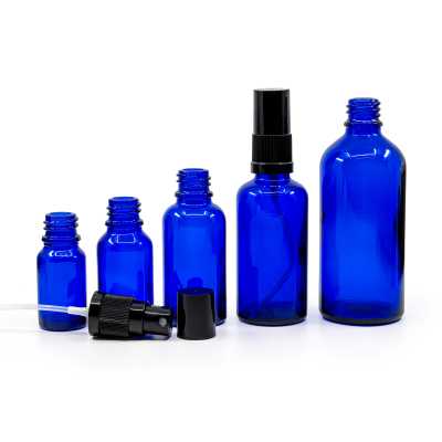 Sklenená fľaška, modrá, čierny rozprašovač, čierny vrch, 10 ml