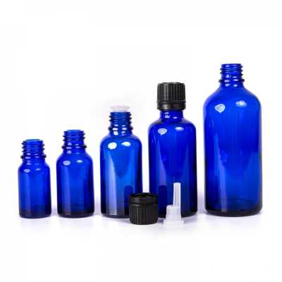Sklenená fľaška, modrá, čierny vrchnák s kvapátkom, 10 ml