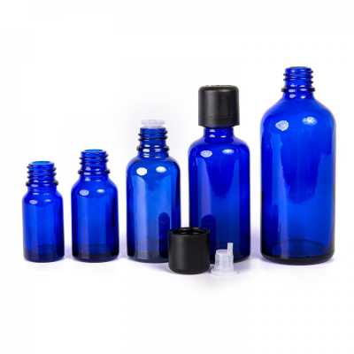 Sklenená fľaška, modrá, čierny vrchnák s poistkou, 10 ml