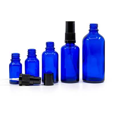 Sklenená fľaška, modrá, dávkovač krémov s čiernym vrchom, 10 ml
