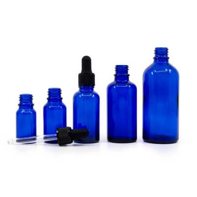 Sklenená fľaška, modrá, kvapátko čierne, 10 ml