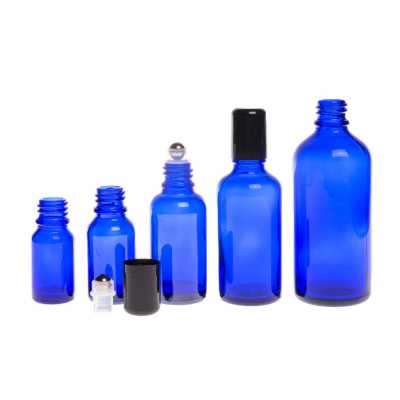 Sklenená fľaška, modrá, roll-on, 15 ml