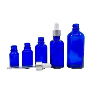 Sklenená fľaška, modrá, strieborné matné kvapátko, 10 ml