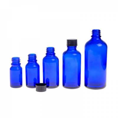 Sklenená fľaška, modrá, vrchnák čierny, 10 ml
