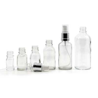 Sklenená fľaška, priehľadná, bielo-strieborný lesklý dávkovač, 30 ml