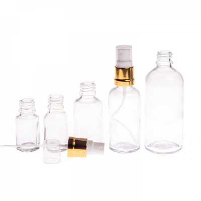 Sklenená fľaška, priehľadná, bielo-zlatý rozprašovač, 100 ml