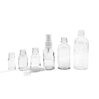 Sklenená fľaška, priehľadná, biely dávkovač, 15 ml