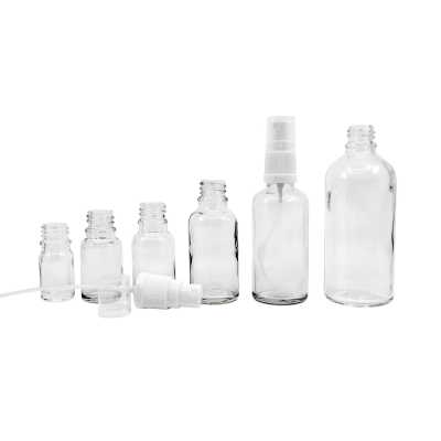 Sklenená fľaška, priehľadná, biely rozprašovač, 15 ml