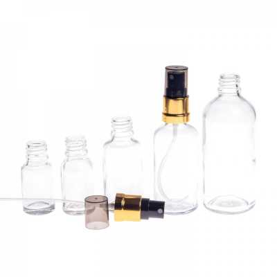Sklenená fľaška, priehľadná, čierno-zlatý rozprašovač, 10 ml 
