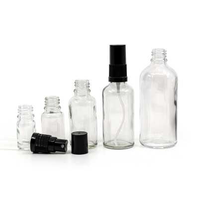 Sklenená fľaška, priehľadná, čierny rozprašovač, čierny vrch, 10 ml