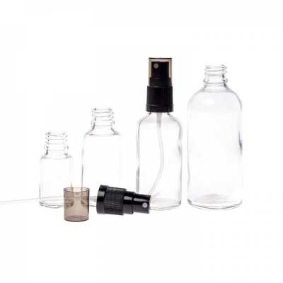 Sklenená fľaška, priehľadná, čierny rozprašovač, dymový vrch, 15 ml