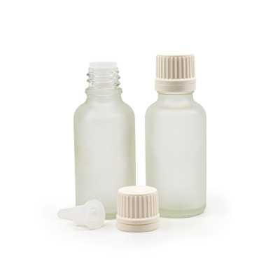 Sklenená fľaška, priehľadná mliečna, biely vrchnák s kvapátkom, 30 ml