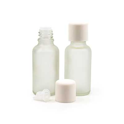 Sklenená fľaška, priehľadná mliečna, biely vrchnák s poistkou, 30 ml