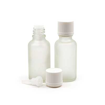 Sklenená fľaška, priehľadná mliečna, biely vrúbkovaný vrchnák s poistkou, 30 ml