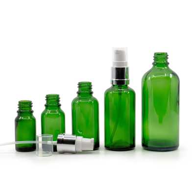 Sklenená fľaška, zelená, bielo-strieborný lesklý dávkovač, 30 ml