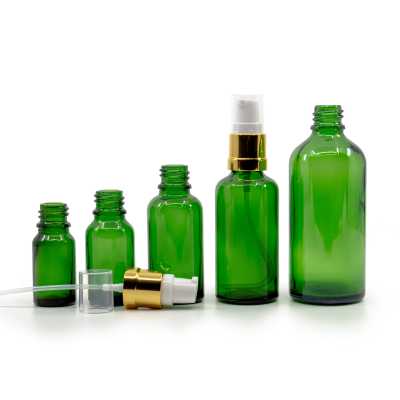 Sklenená fľaška, zelená, bielo-zlatý lesklý dávkovač, 10 ml