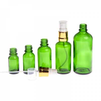 Sklenená fľaška, zelená, bielo-zlatý rozprašovač, 100 ml