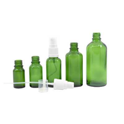 Sklenená fľaška, zelená, biely dávkovač, 10 ml