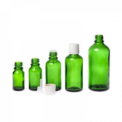 Sklenená fľaška, zelená, biely vrchnák s kvapátkom, 10 ml