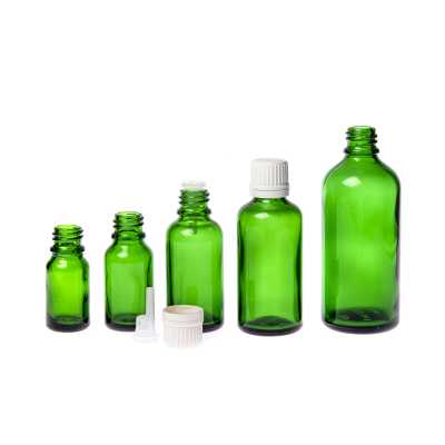 Sklenená fľaška, zelená, biely vrchnák s kvapátkom, 50 ml