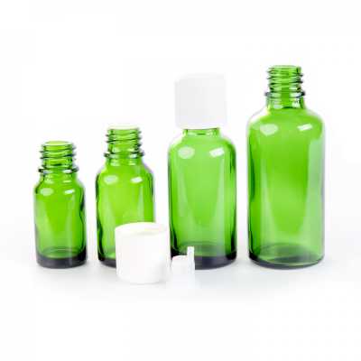 Sklenená fľaška, zelená, biely vrchnák s poistkou, 10 ml