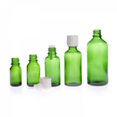 Sklenená fľaška, zelená, biely vrúbkovaný vrchnák s poistkou, 10 ml