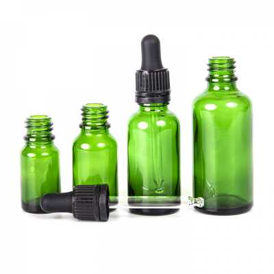 Sklenená fľaška, zelená, čierne kvap., 10 ml