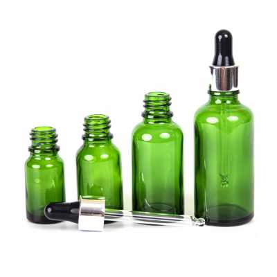 Sklenená fľaška, zelená, čierno-strieborné kvapátko, 15 ml